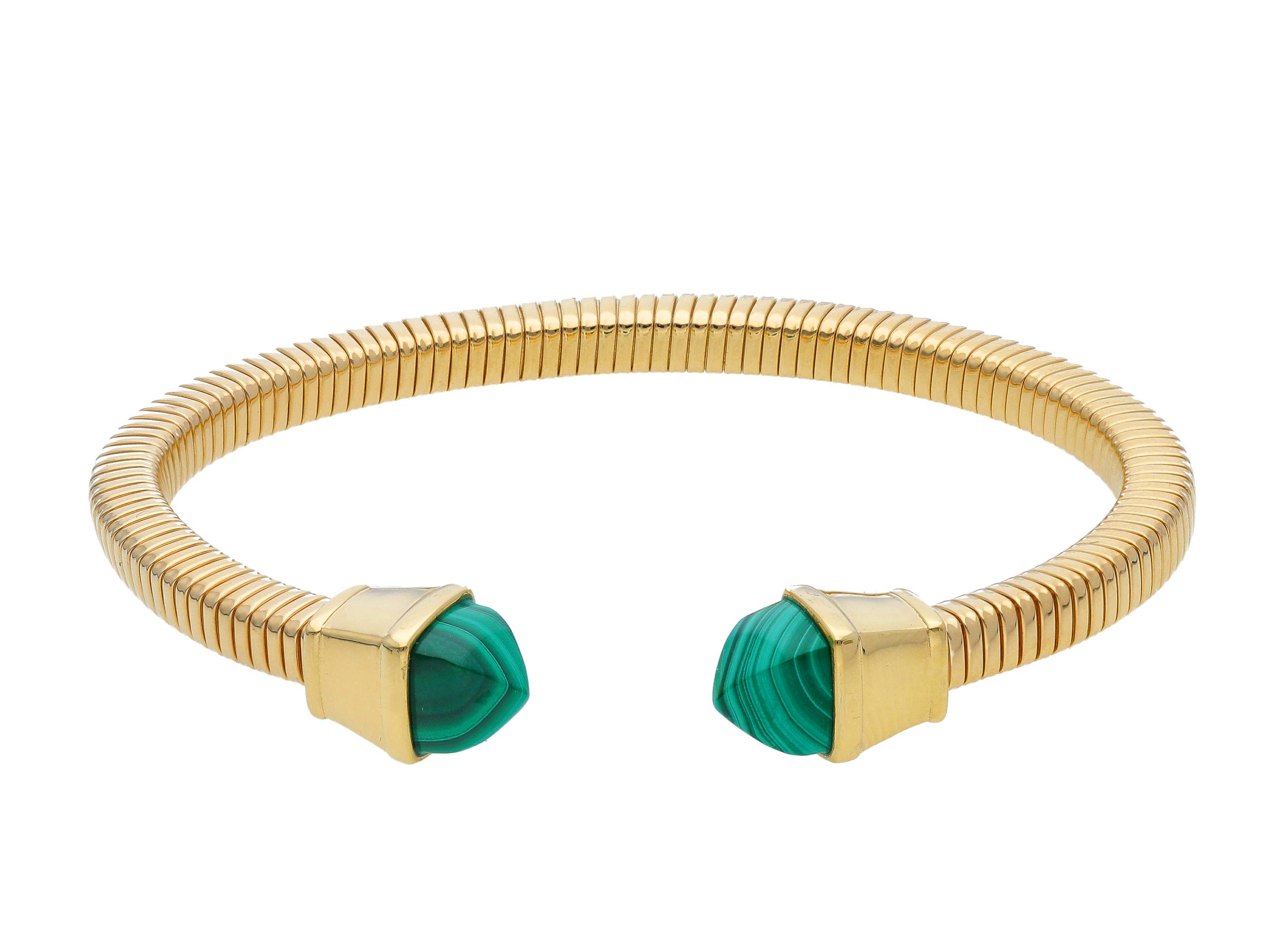 Beautiful 18ct Yellow Gold Malahite Contrarie Bangle. We have different stones . Contact us for more information about the colours of enamel, gold and stones in our shop.